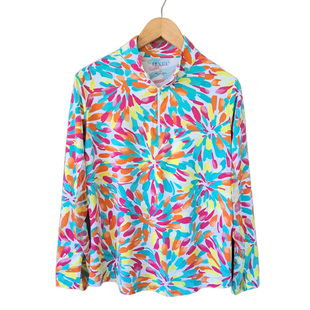Ibkul Long Sleeve Zip Mock Sun Top Xl Upf 50 Lightweight Multi Floral Golf